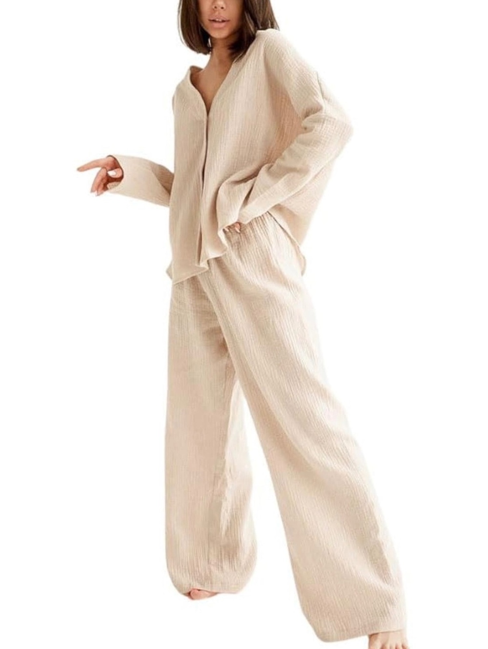 Women's Beige Two-Piece Cotton Lounge Set with Button-Up Top and Elastic Waist T